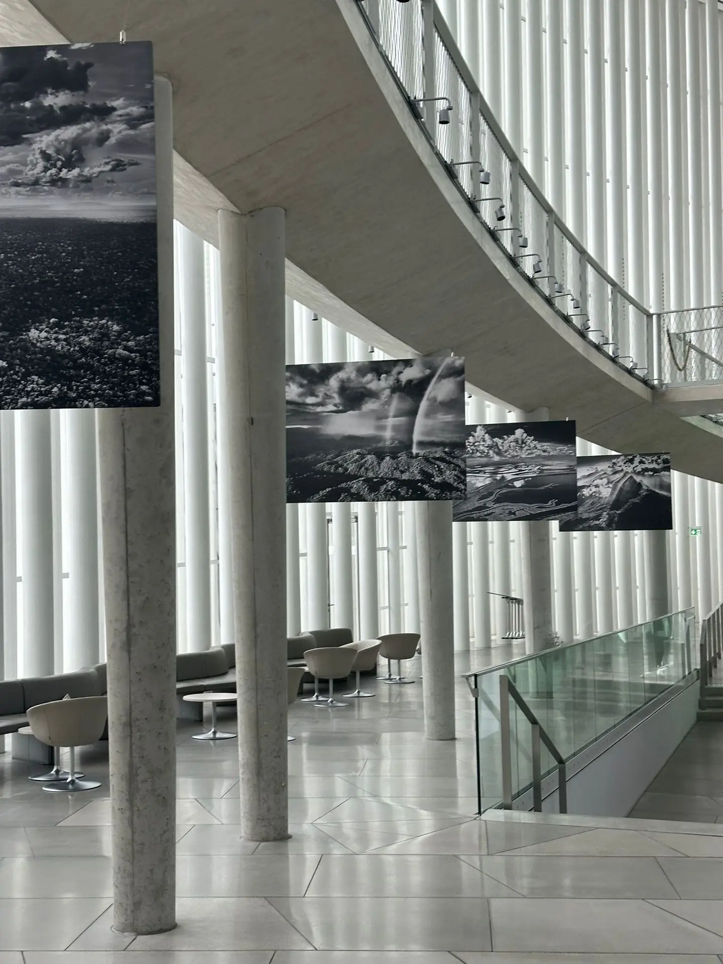 Photo exhibition at Philharmonie Luxembourg with suspended posters