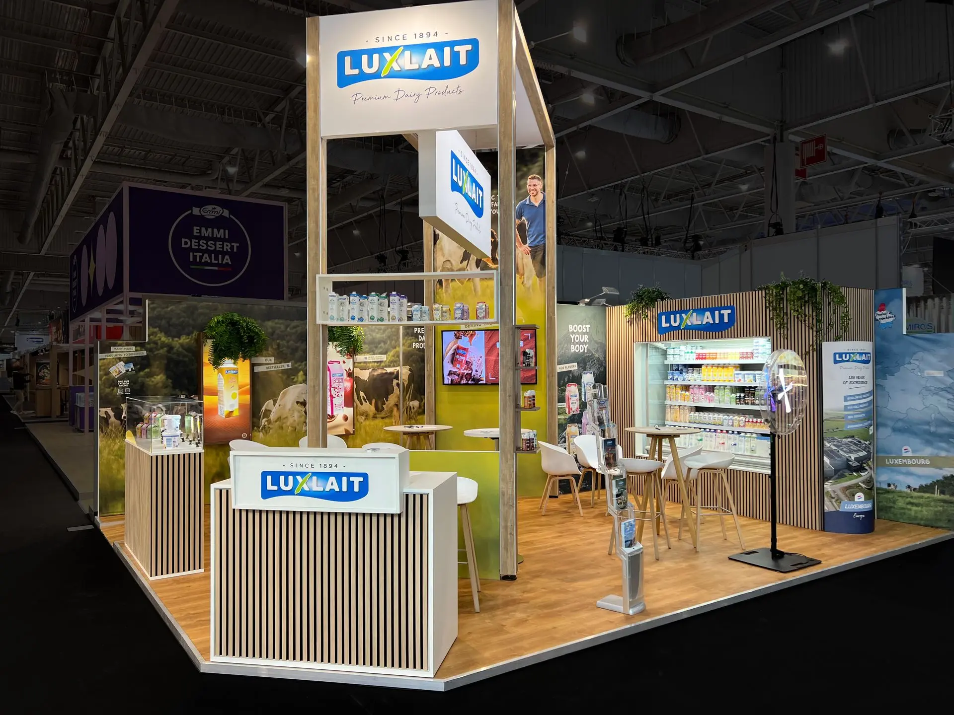 Custom made booth from Format for Luxlait with wooden structure and bematrix