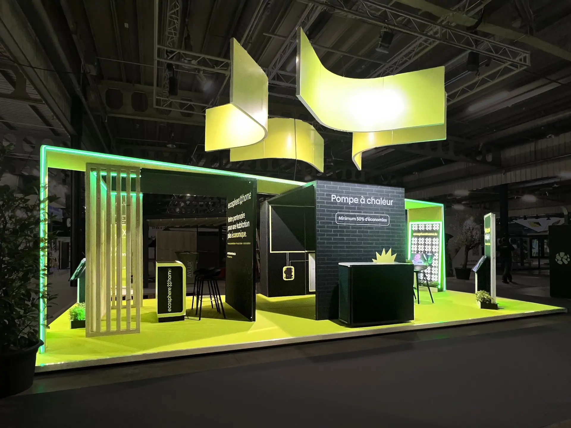 Individual stand build from bematrix with LEDs and custom made wooden elements for Ecosphère at Home Expo Luxembourg