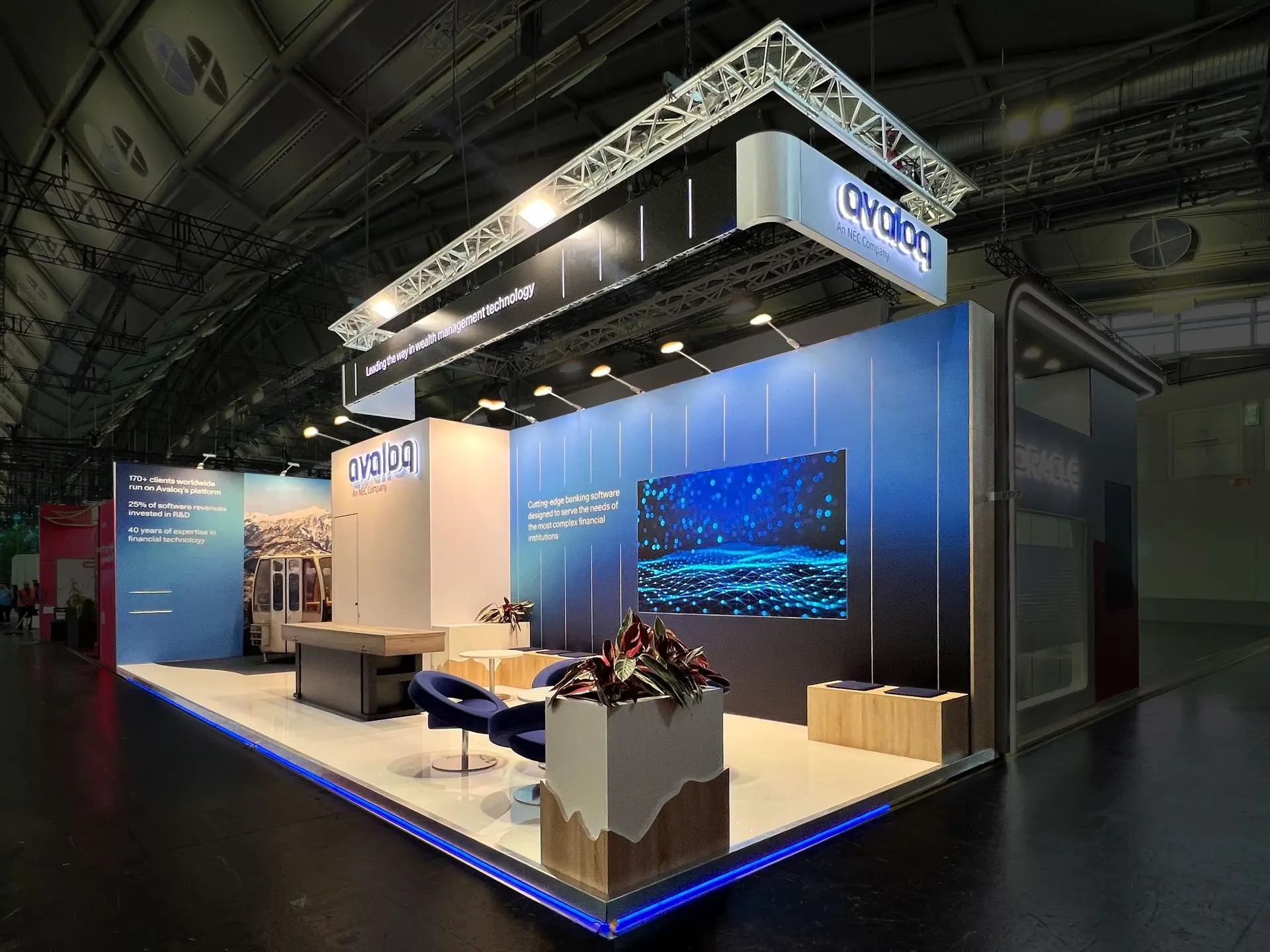 High quality sustainable booth by Format for avaloq at Sibos with custom made furniture and gondola
