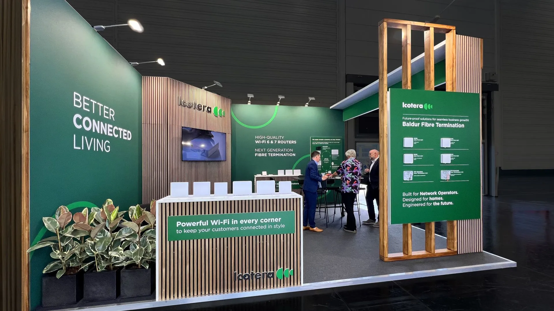 Custom made booth from Format for Icotera at AngaCom Cologn. Hybrid construction of bematrix in combination with wooden elements