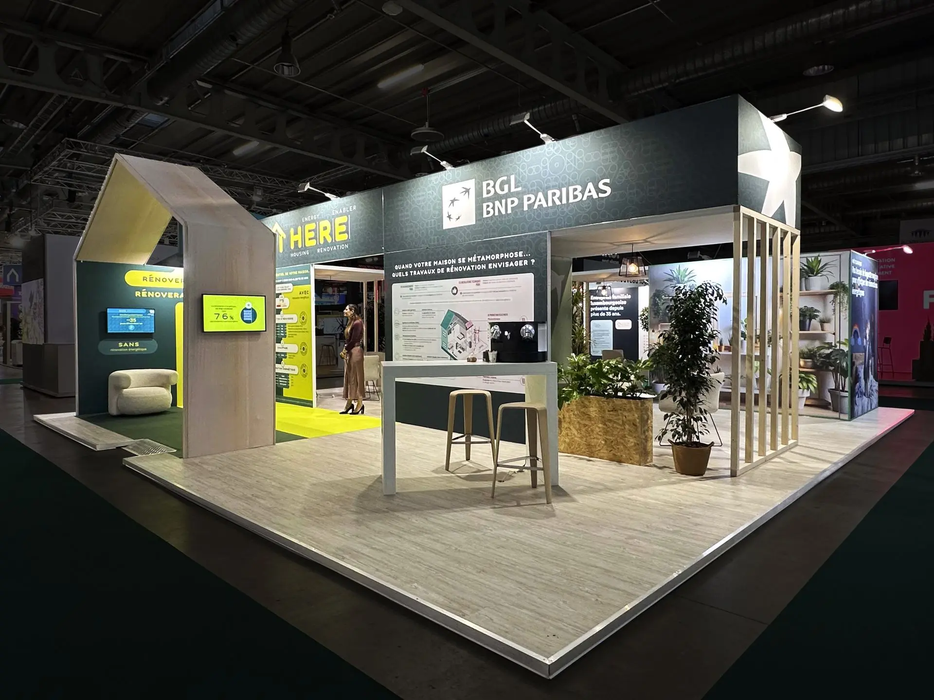 Home Expo booth with wooden meeting rooms and house for BGL at Luxexpo